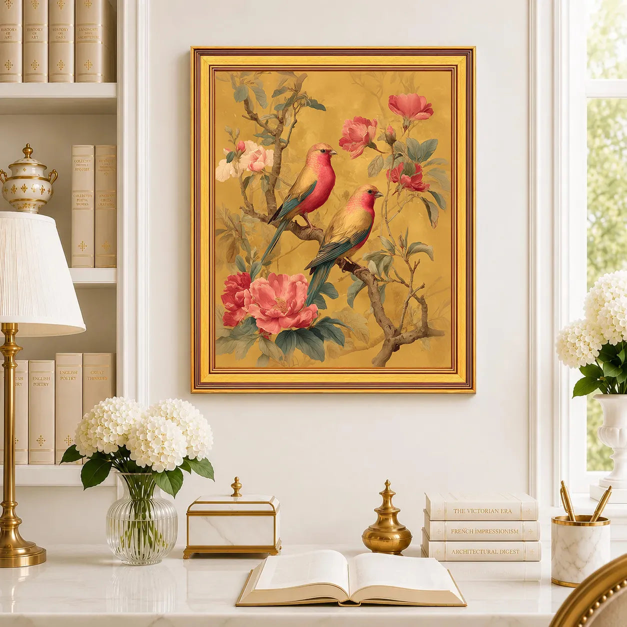 Rose Finches in Golden Peonies framed wall art displayed above a traditional desk with peonies, books, brass decor, and a burnished antique gold frame.