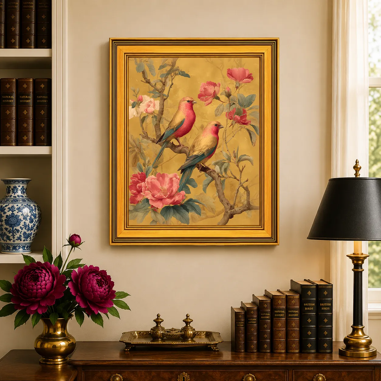 Large Rose Finches in Golden Peonies framed wall art displayed in a traditional study with peonies, antique books, brass accents, and a burnished antique gold frame.