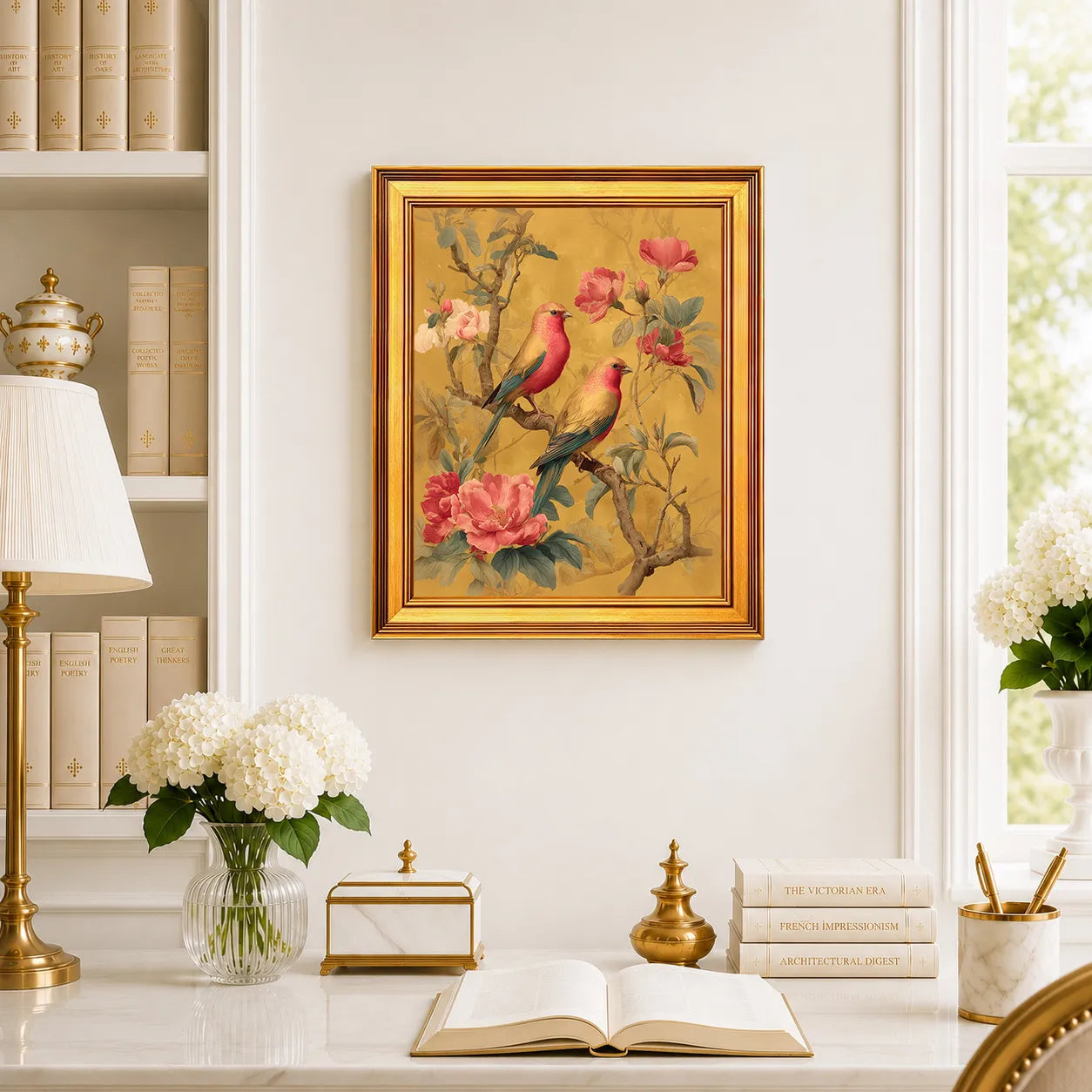 Large Rose Finches in Golden Peonies framed wall art displayed in a traditional study with peonies, antique books, brass accents, and a burnished antique gold frame.