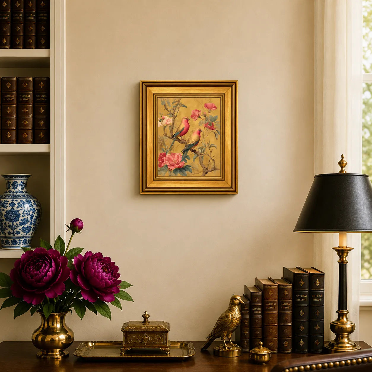 Small Rose Finches in Golden Peonies framed wall art displayed in an elegant traditional study with antique books, peonies, brass accents, and a burnished antique gold frame.