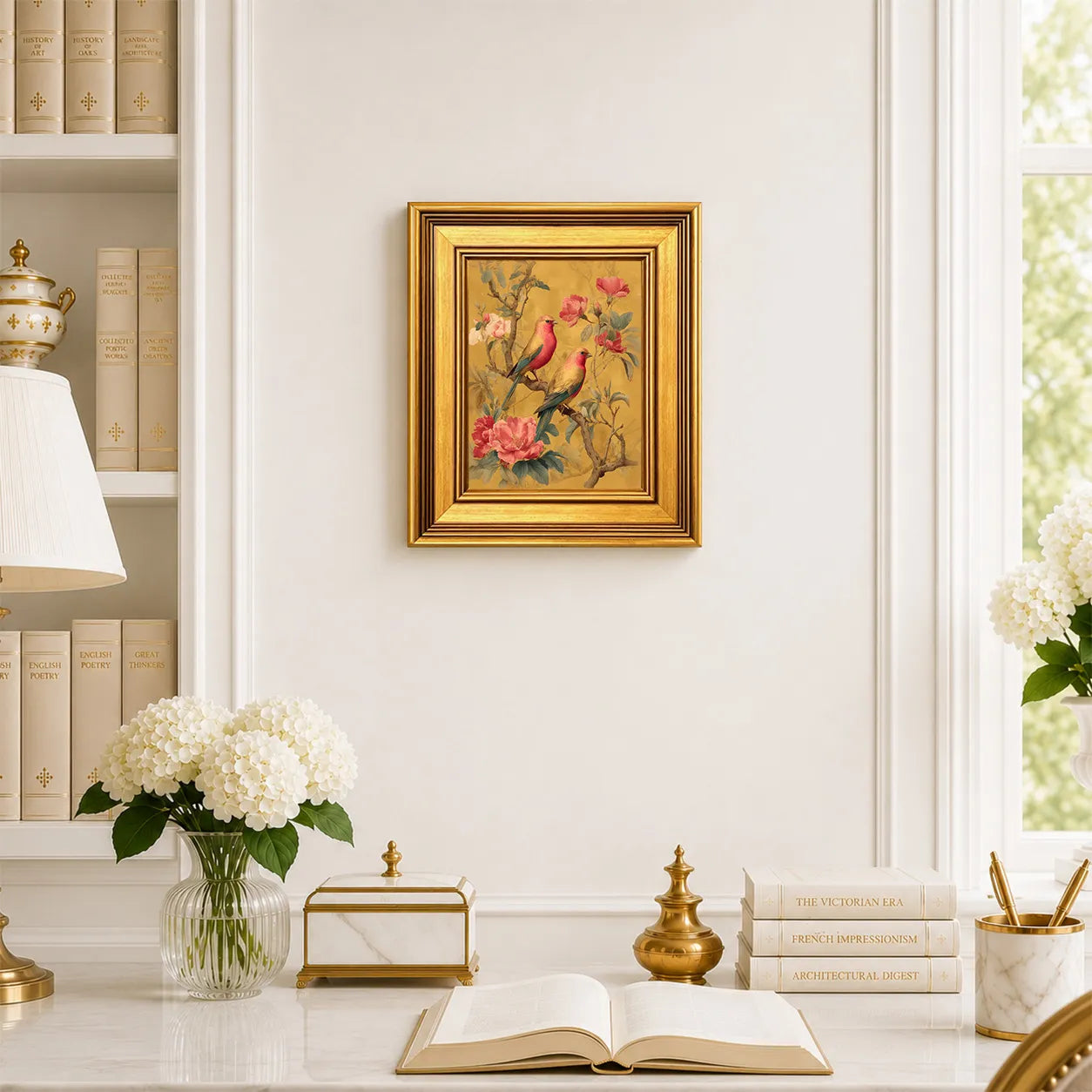 Small Rose Finches in Golden Peonies framed wall art displayed in an elegant traditional study with antique books, peonies, brass accents, and a burnished antique gold frame.