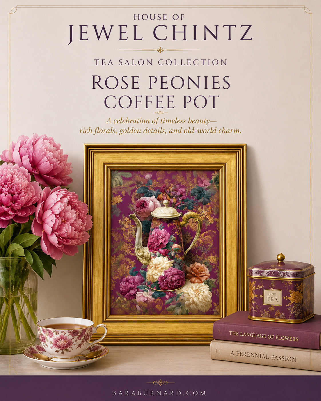 Rose Peonies Coffee Pot | Framed Tea Salon Wall Art
