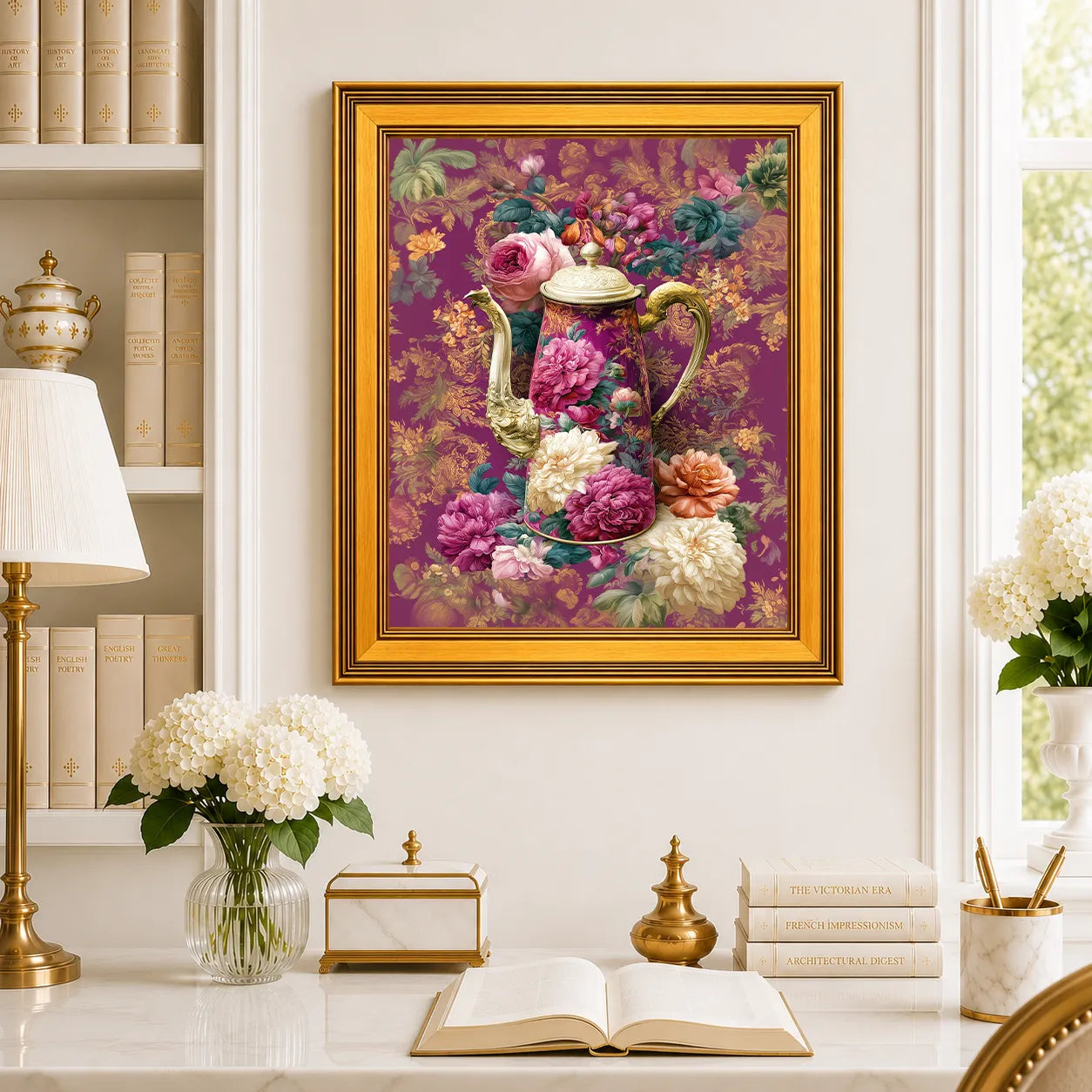 Large Rose Peonies Coffee Pot framed wall art displayed in a traditional study with peonies, antique books, brass accents, and a burnished antique gold frame.