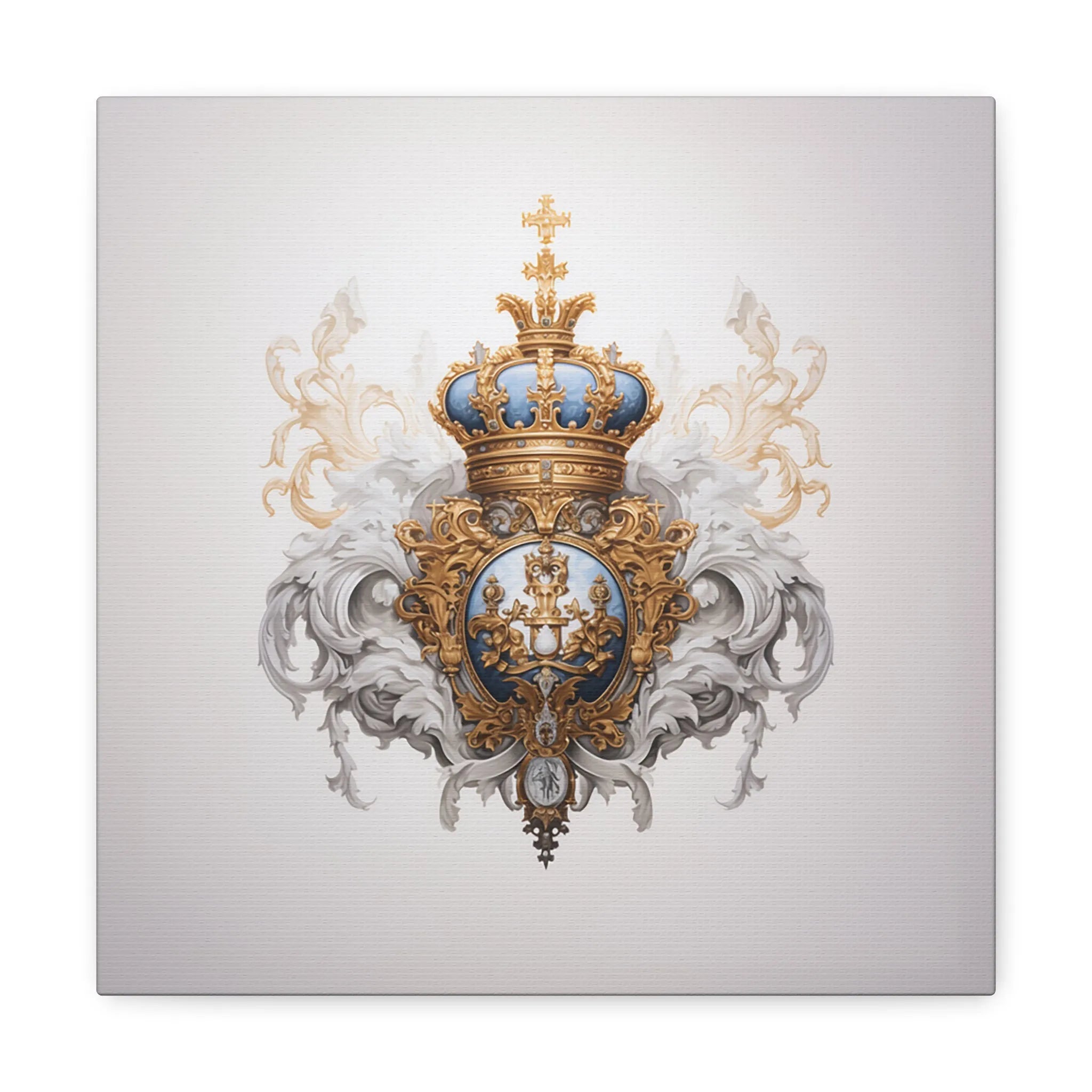 Royal blue and gold baroque crest wall art on a gallery-wrapped canvas, featuring ornate scrollwork, a gilded crown, and detailed silver flourishes on a soft ivory background.