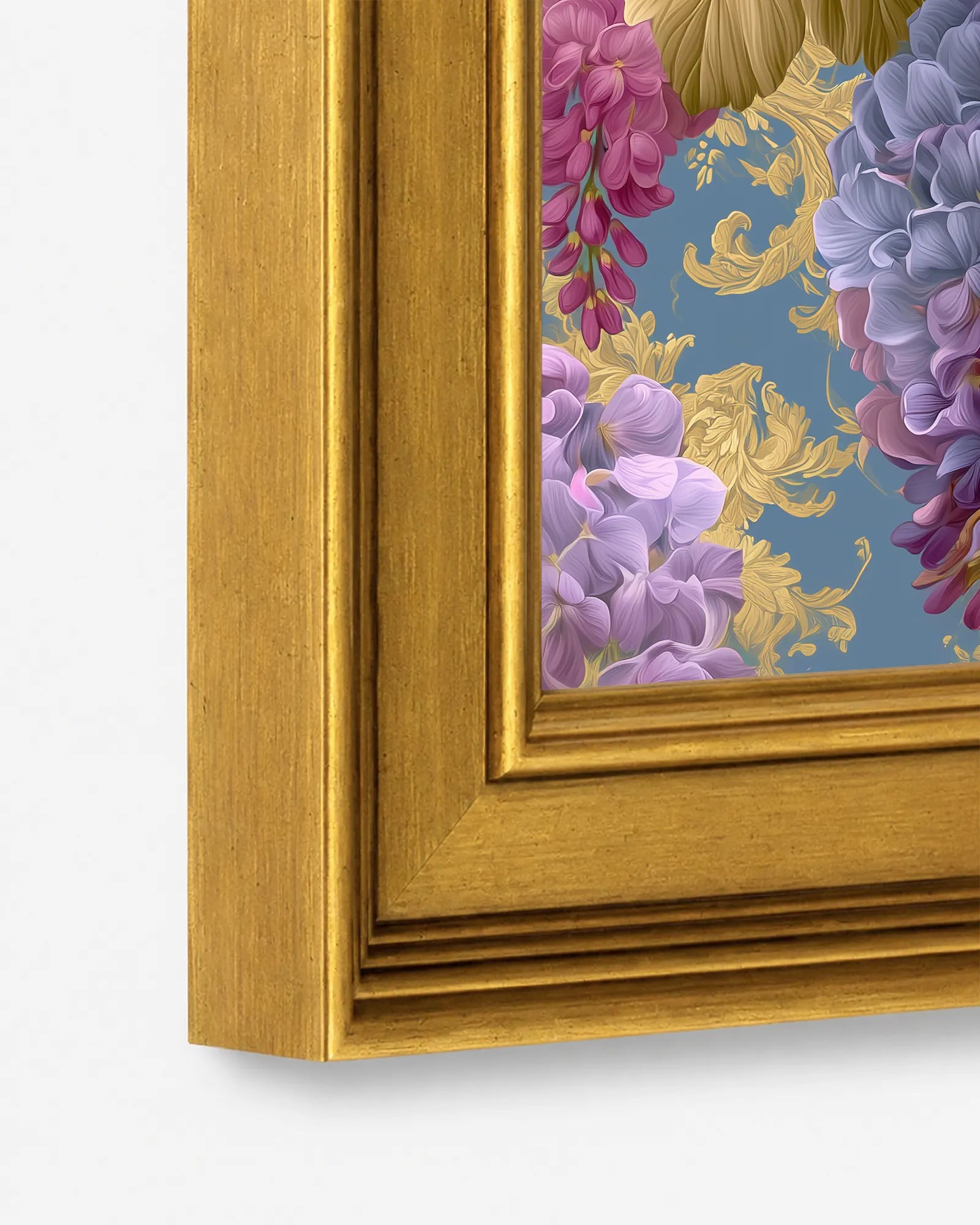 Close-up detail of the burnished antique gold wood frame used for Royal Peonies and Cascading Wisteria framed wall art, showing the profile, finish, and craftsmanship.