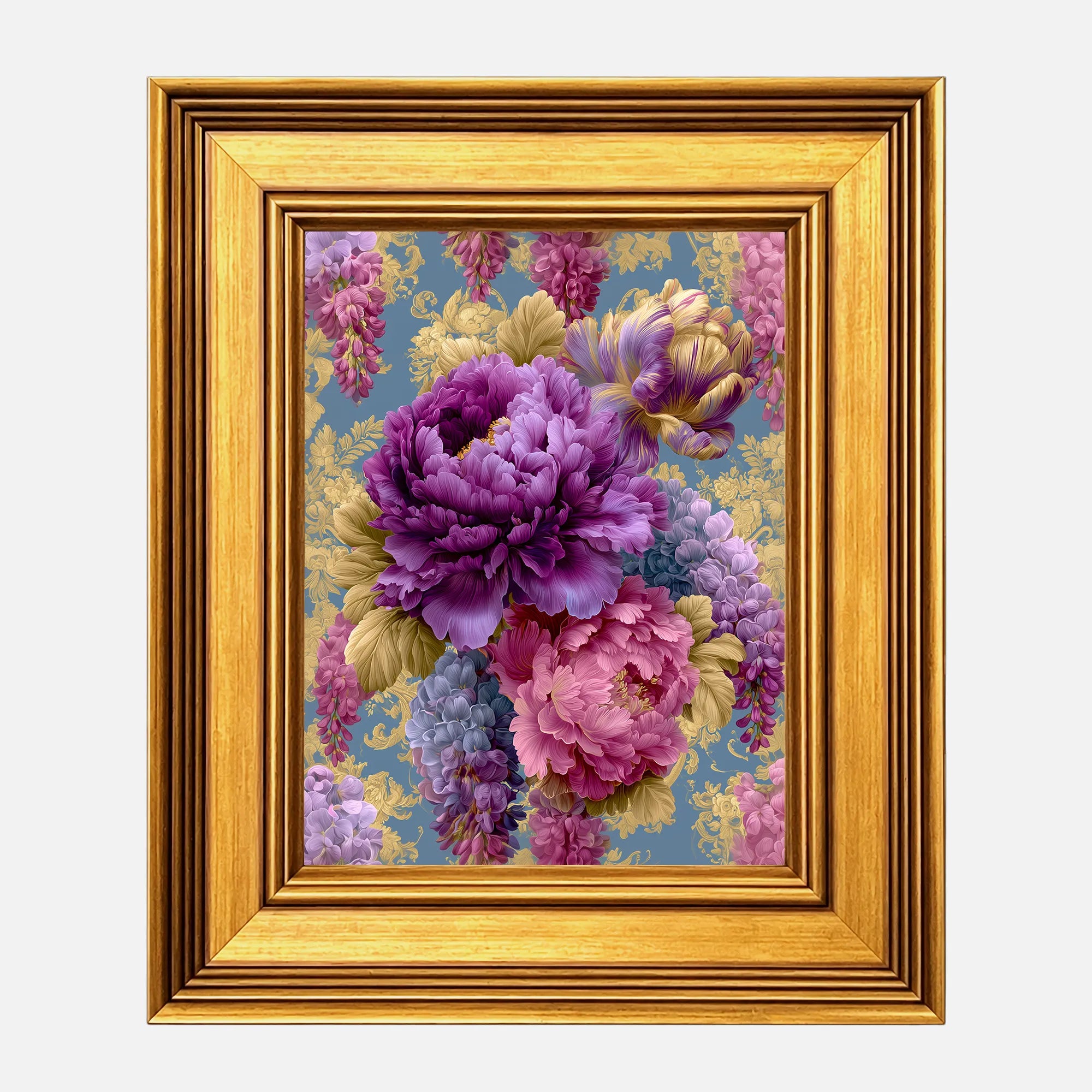 Royal Peonies and Cascading Wisteria framed wall art in a burnished antique gold frame, 8 x 10 inch print size with 11.5 x 13.5 inch framed dimensions.