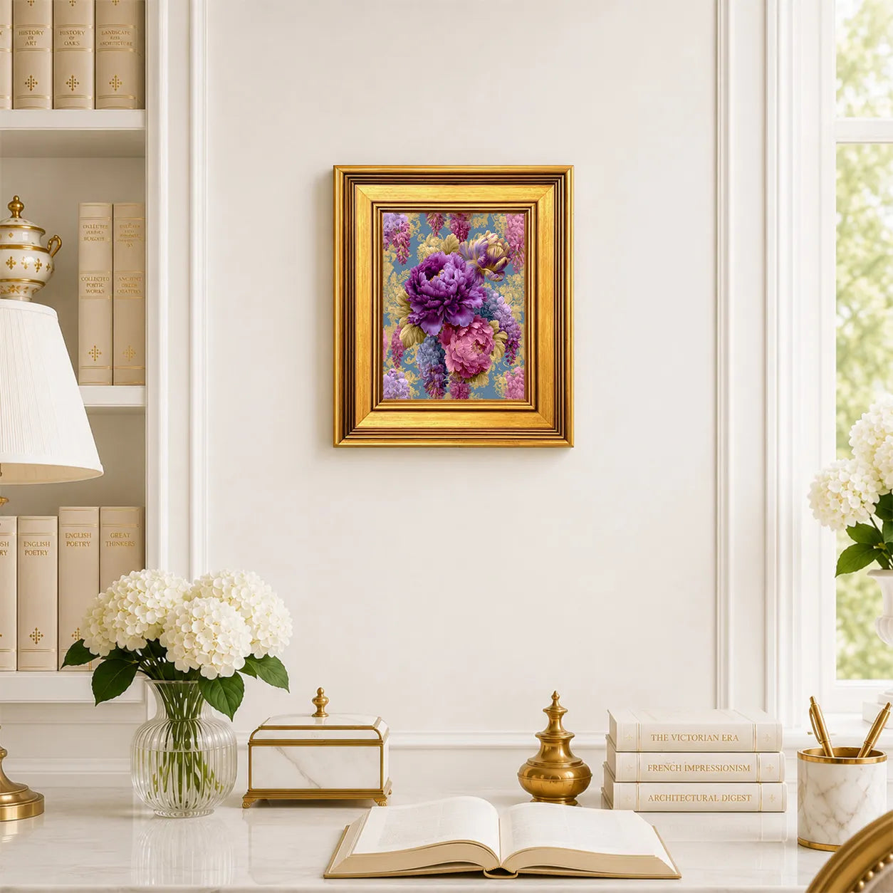Small Royal Peonies and Cascading Wisteria framed wall art displayed in an elegant traditional study with antique books, peonies, brass accents, and a burnished antique gold frame.