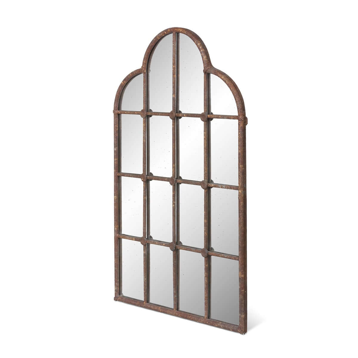 Decorative wall window pane mirror with arched top and grid design on a white background