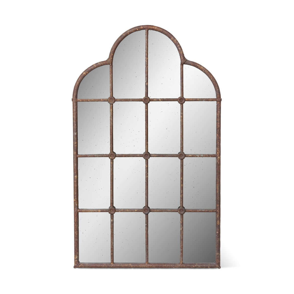 Arched window pane mirror with grid design on a white background