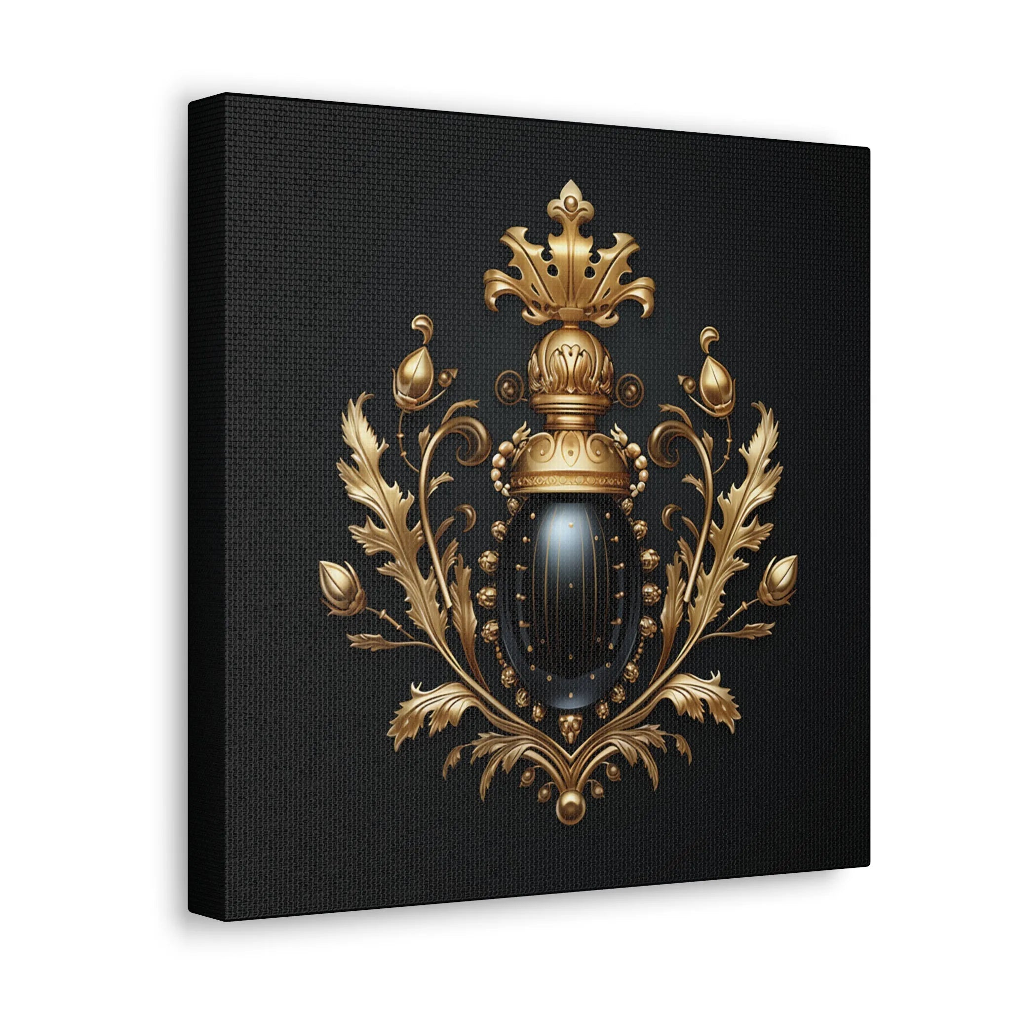 Side-angled view of a gallery-wrapped canvas featuring an ornate black-and-gold regal ladybug crest with detailed botanical flourishes