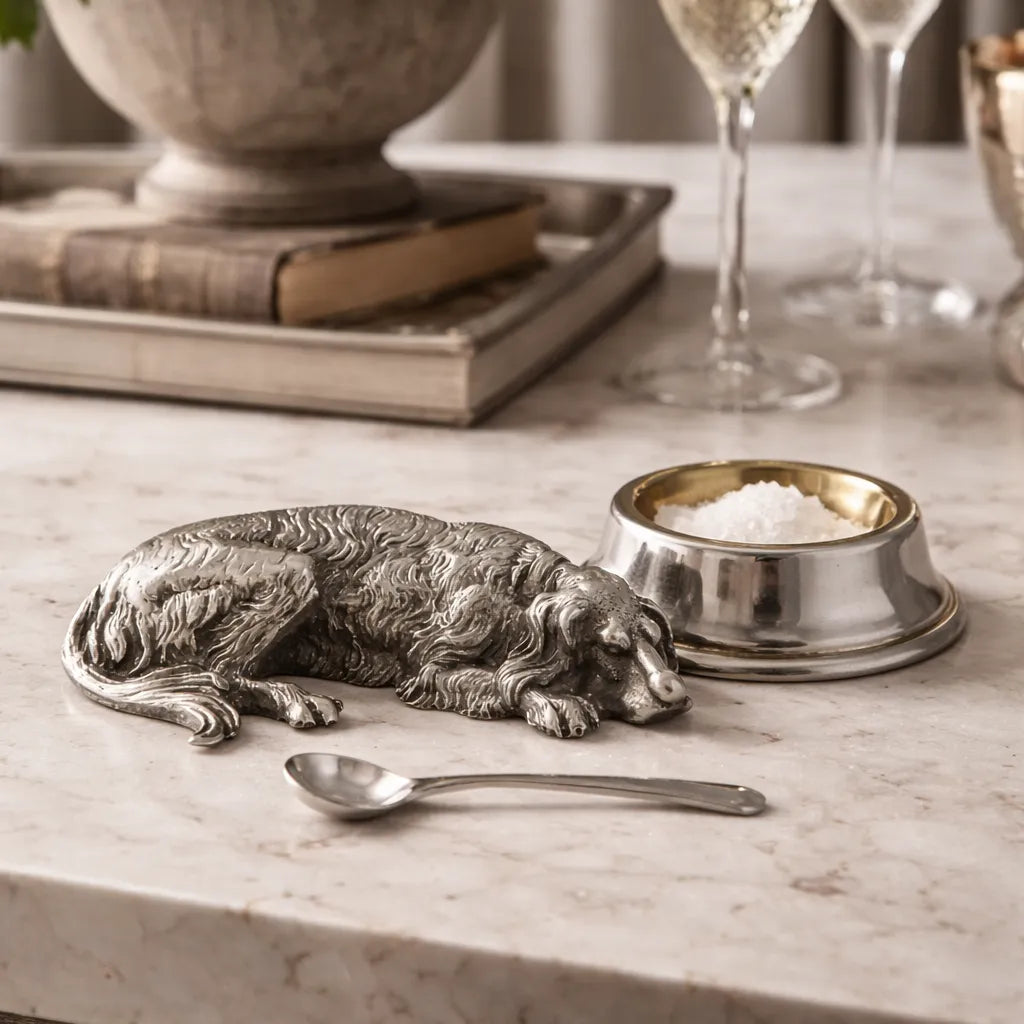 Silver plated salt cellar with an Irish Setter dog figurine attached to a bowl on a marble surface with a spoon