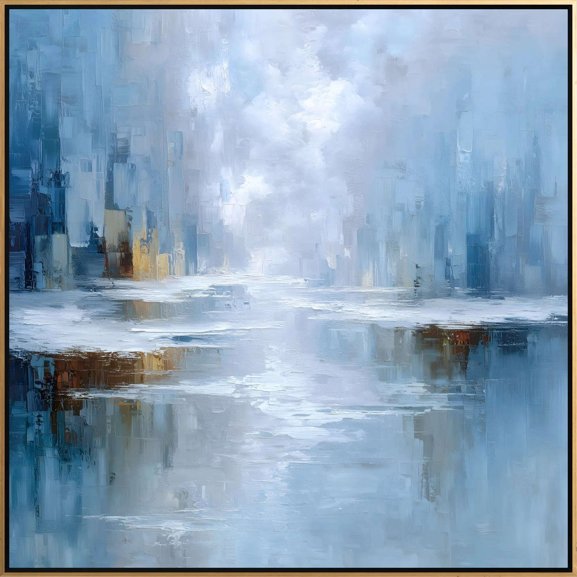 Abstract painting with blue, gray, and brown tones
