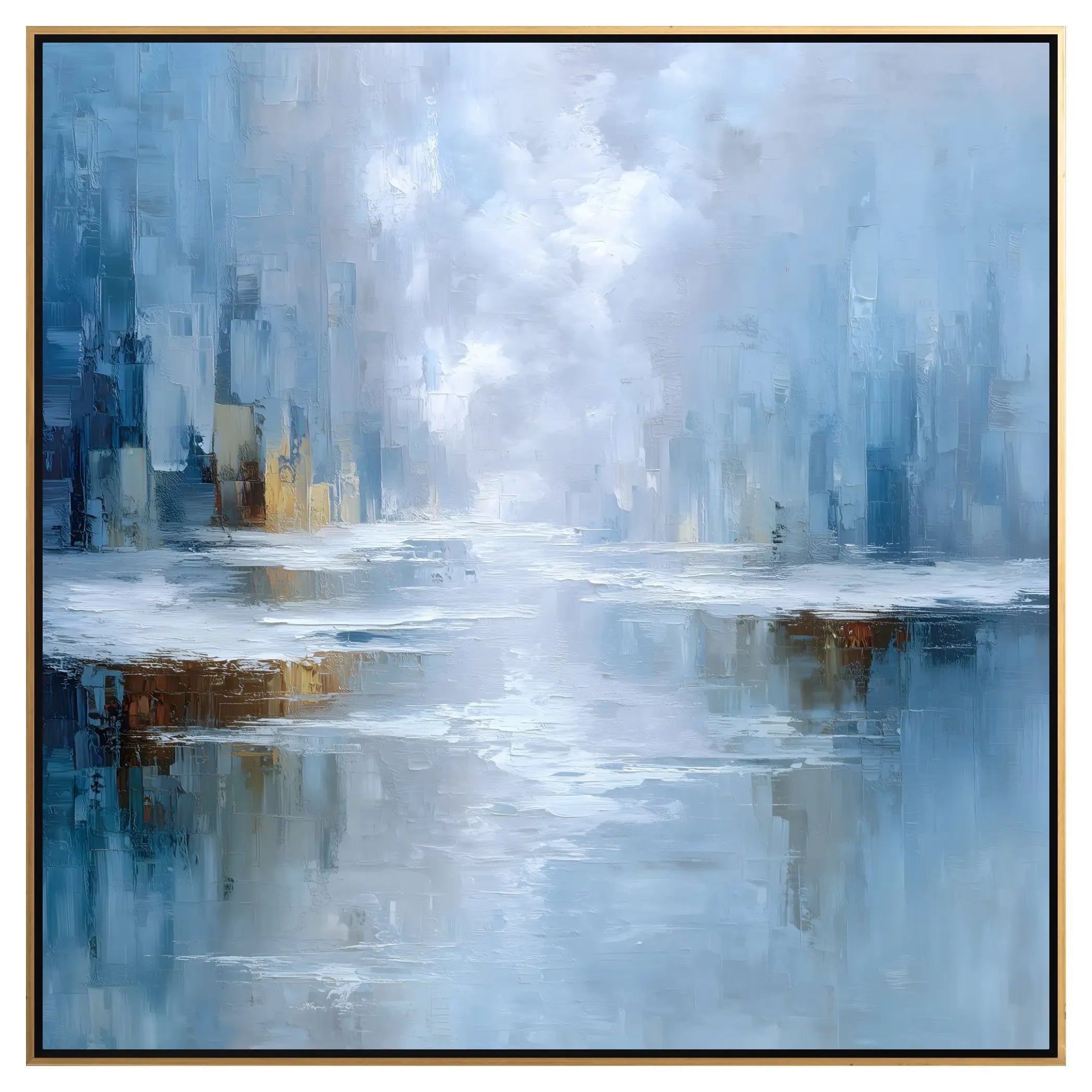 Abstract painting with blue, gray, and brown tones