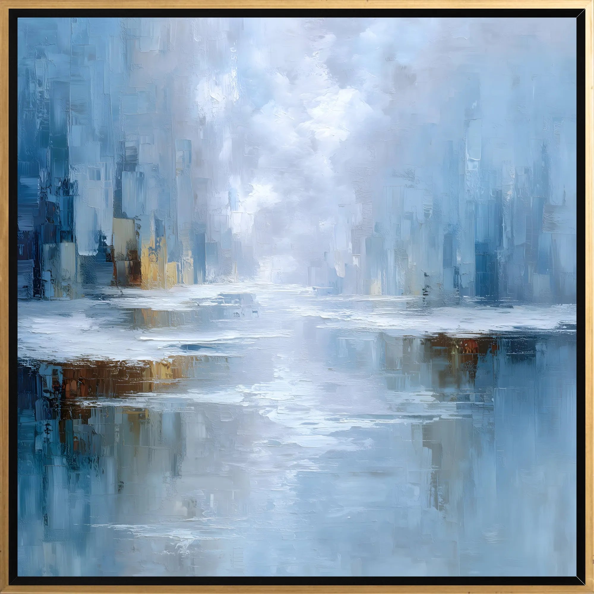 Abstract painting with blue and gray tones, resembling a cityscape reflected in water.
