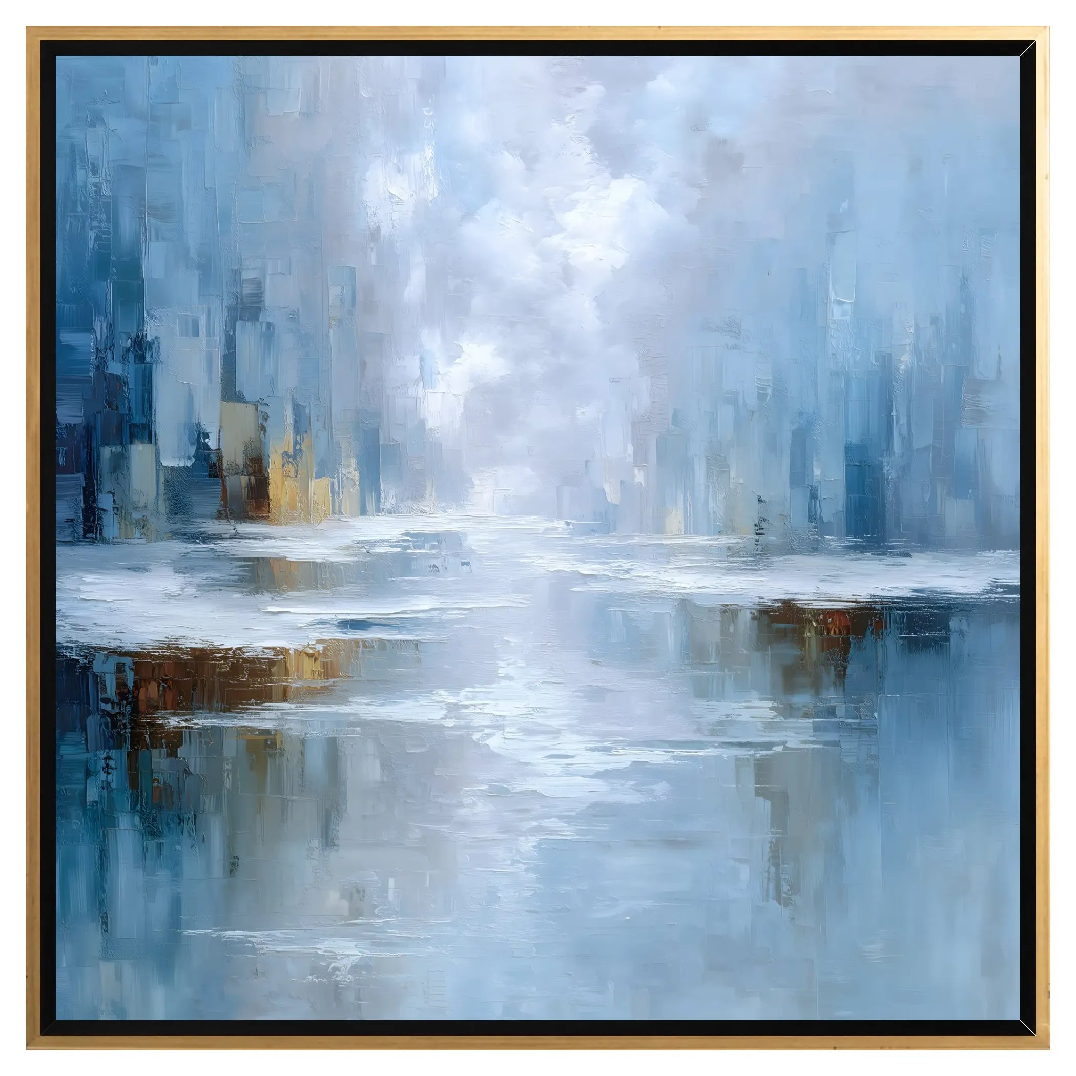 Abstract painting with blue and gray tones, resembling a cityscape reflected in water.