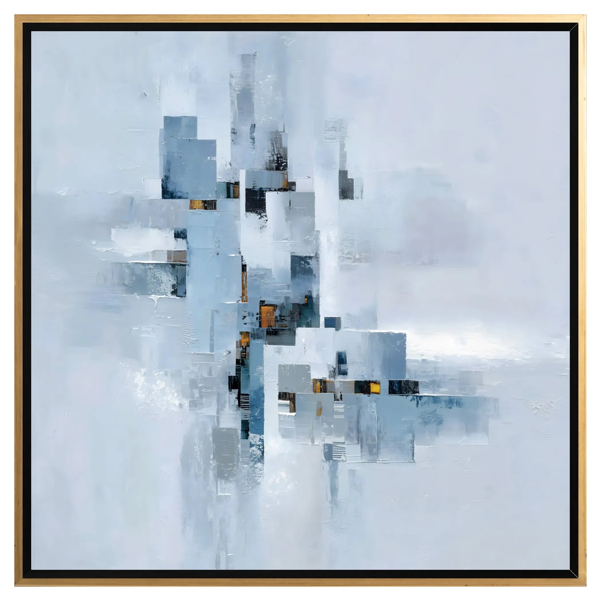 Abstract art piece with geometric shapes on a light blue background