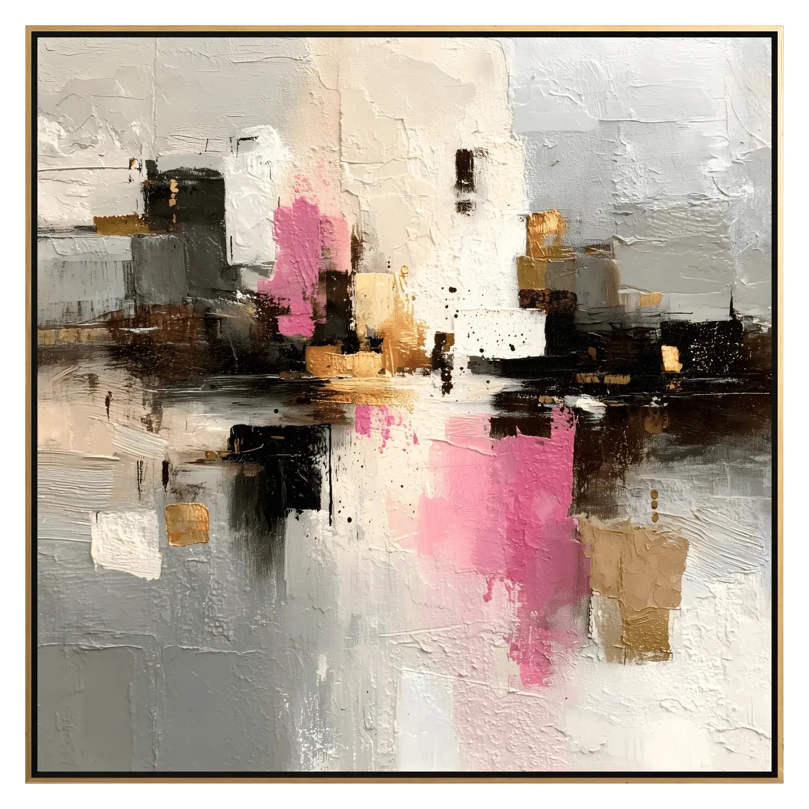 Abstract painting with pink, gold, and black elements on a gray background