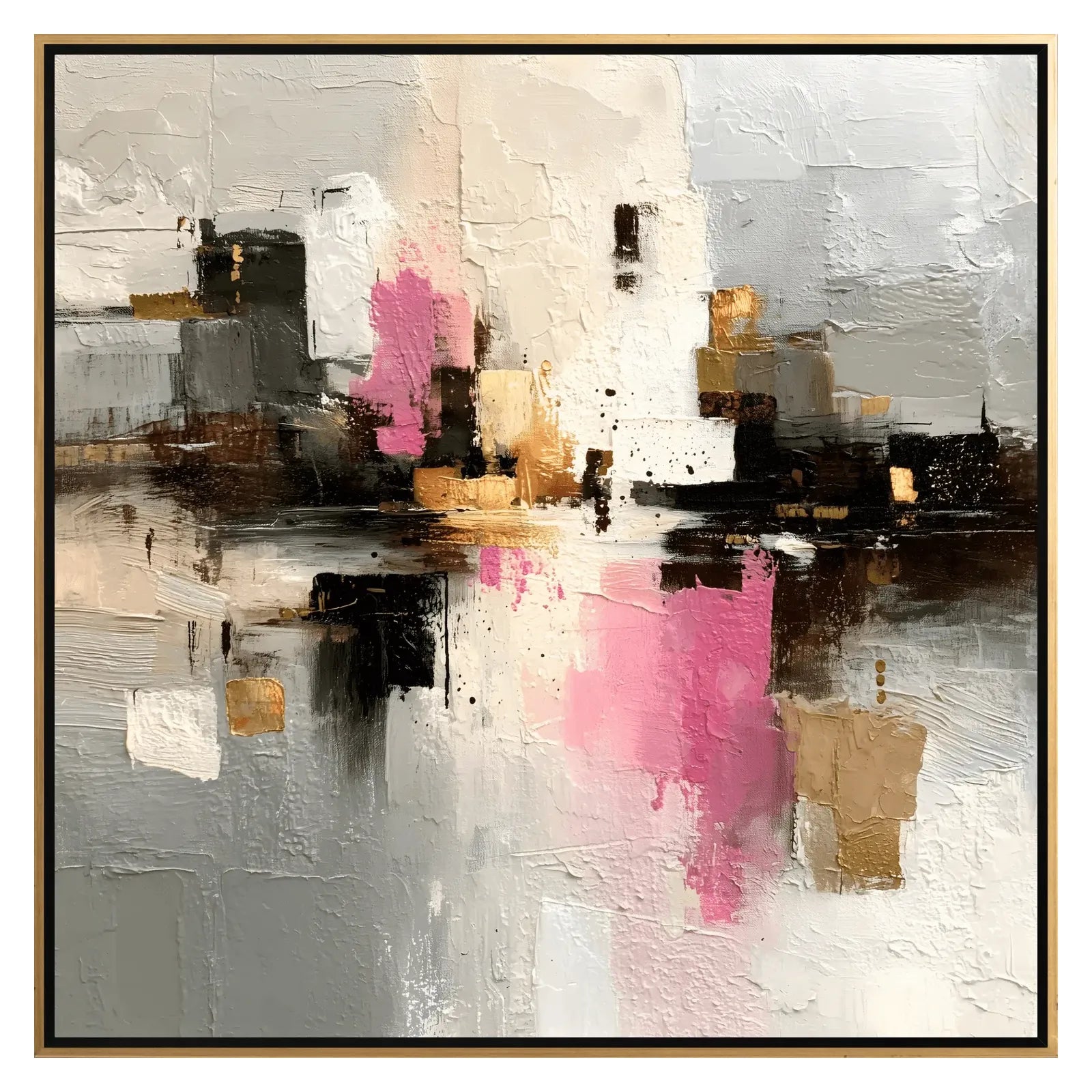 Abstract art piece with pink, gold, and black colors on a gray background
