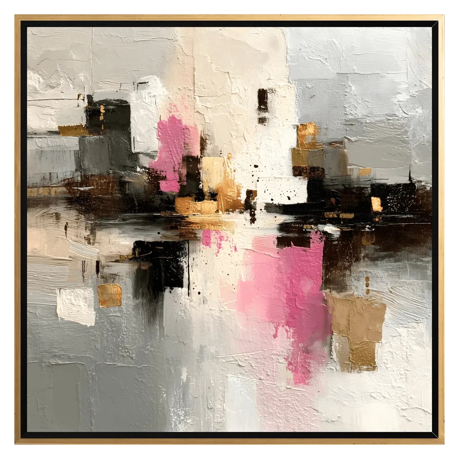 Abstract art painting with pink, gold, and black on a gray background