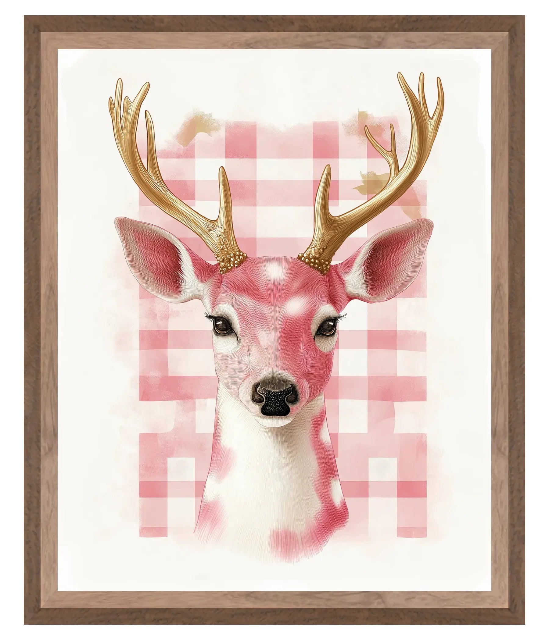 Framed artwork of a deer with gold antlers on a pink checkered background