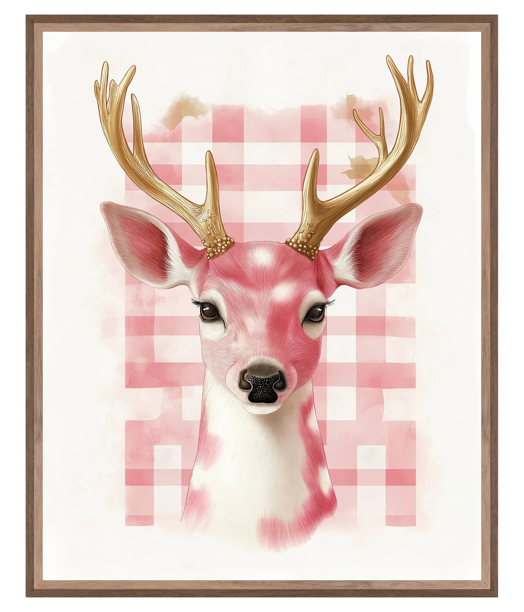 Deer head with gold antlers on a pink checkered background