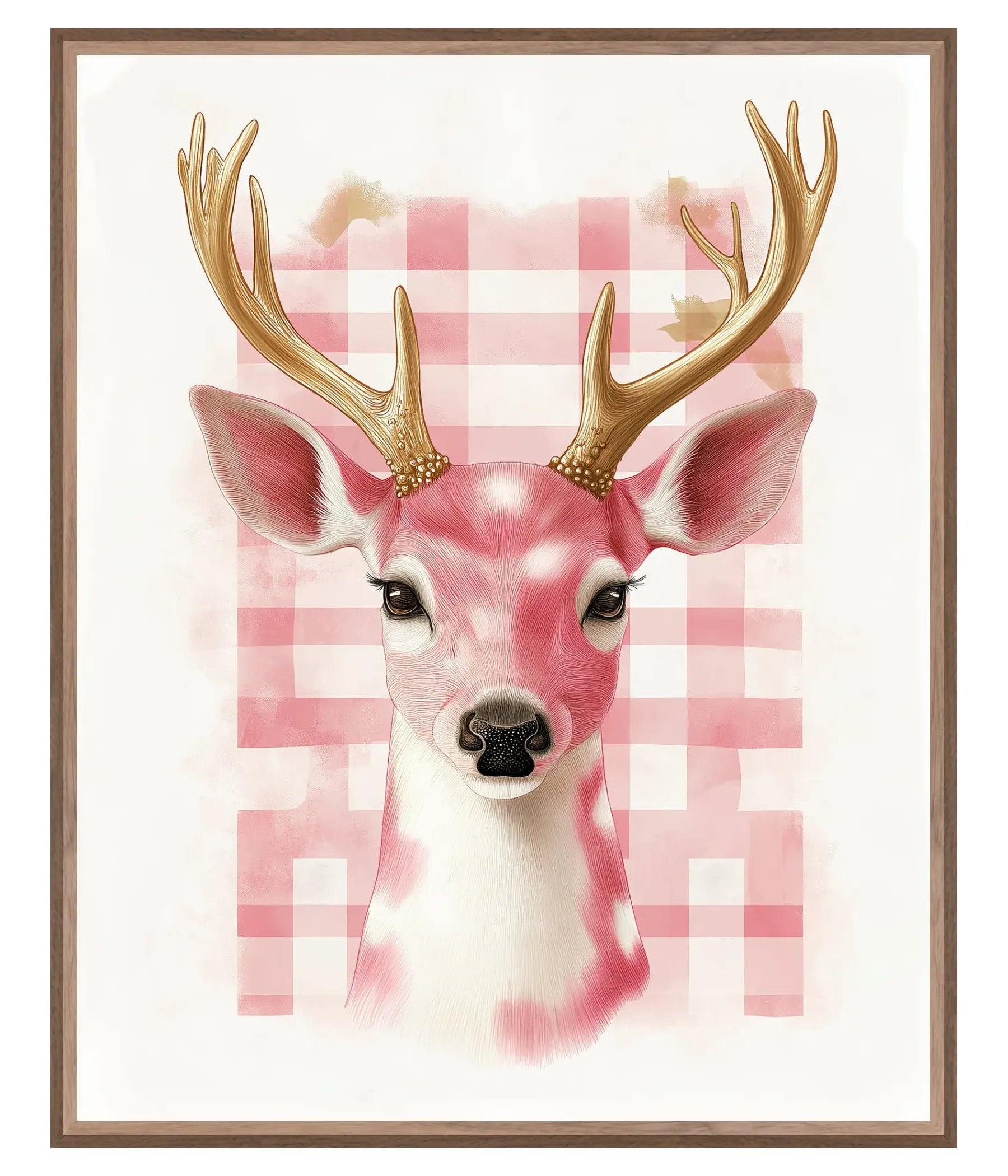 Deer head with gold antlers on a pink checkered background