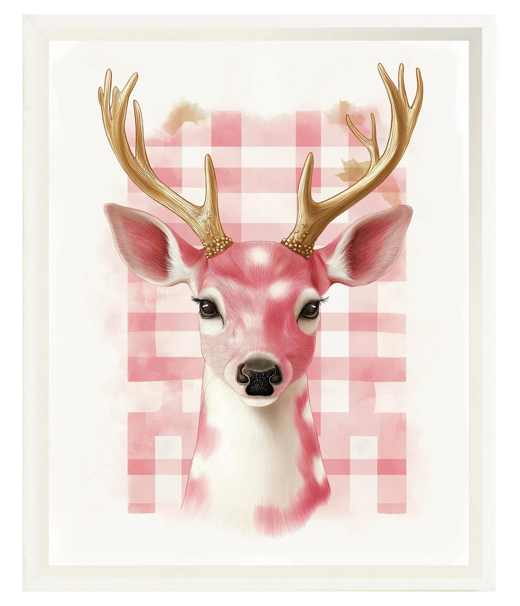 Deer head with gold antlers on a pink checkered background