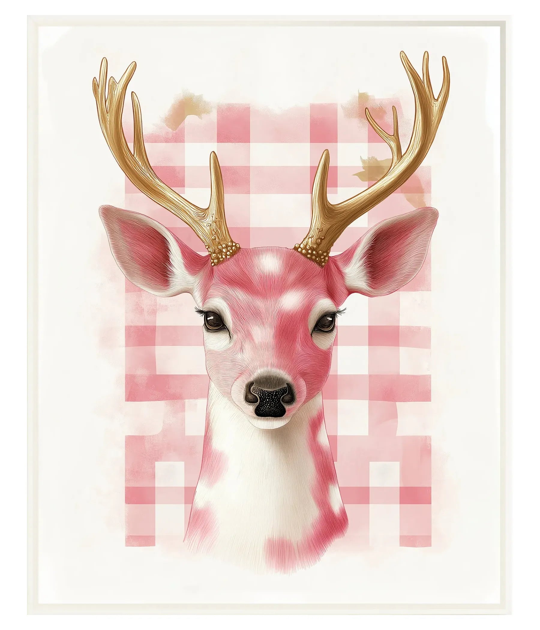 Deer head with gold antlers on a pink checkered background
