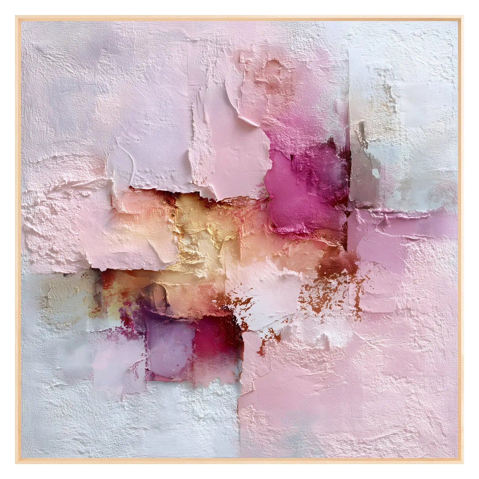 Abstract art piece with pink, purple, and gold colors on a textured surface.