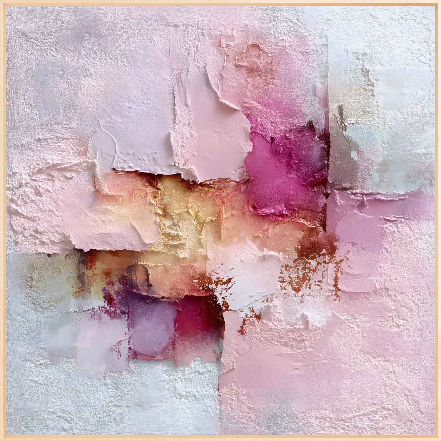 Abstract art piece with pink, purple, and gold colors on a textured white background.