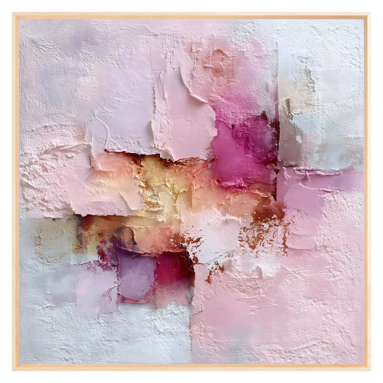 Abstract art piece with pink, purple, and gold colors on a textured white background.