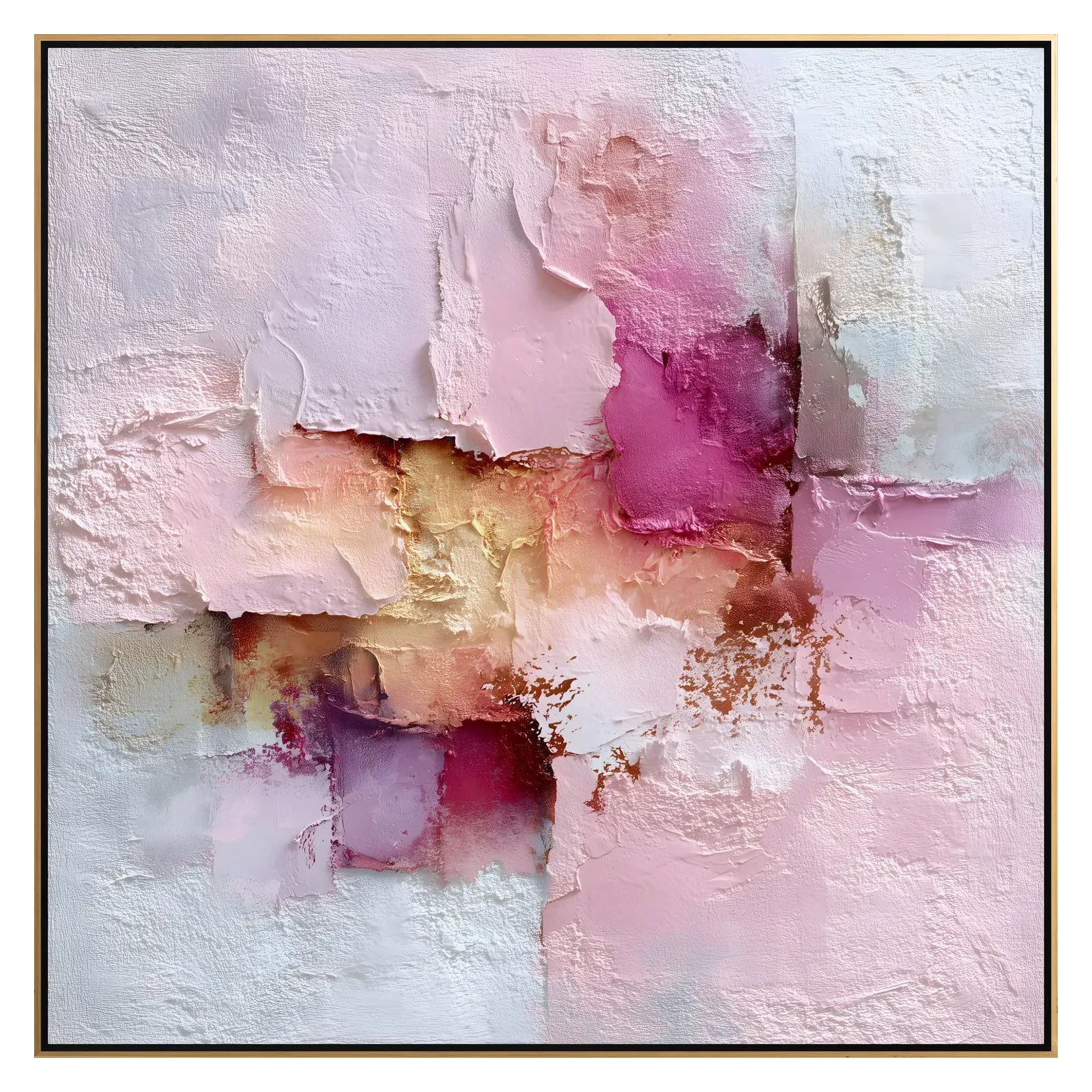 Abstract art piece with pink, purple, and gold colors on a textured white background