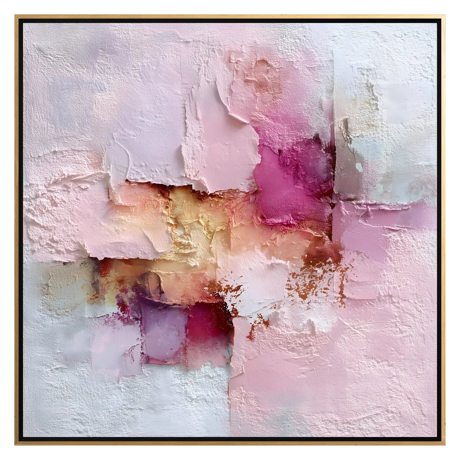 Abstract art piece with pink, purple, and gold colors on a textured white background.