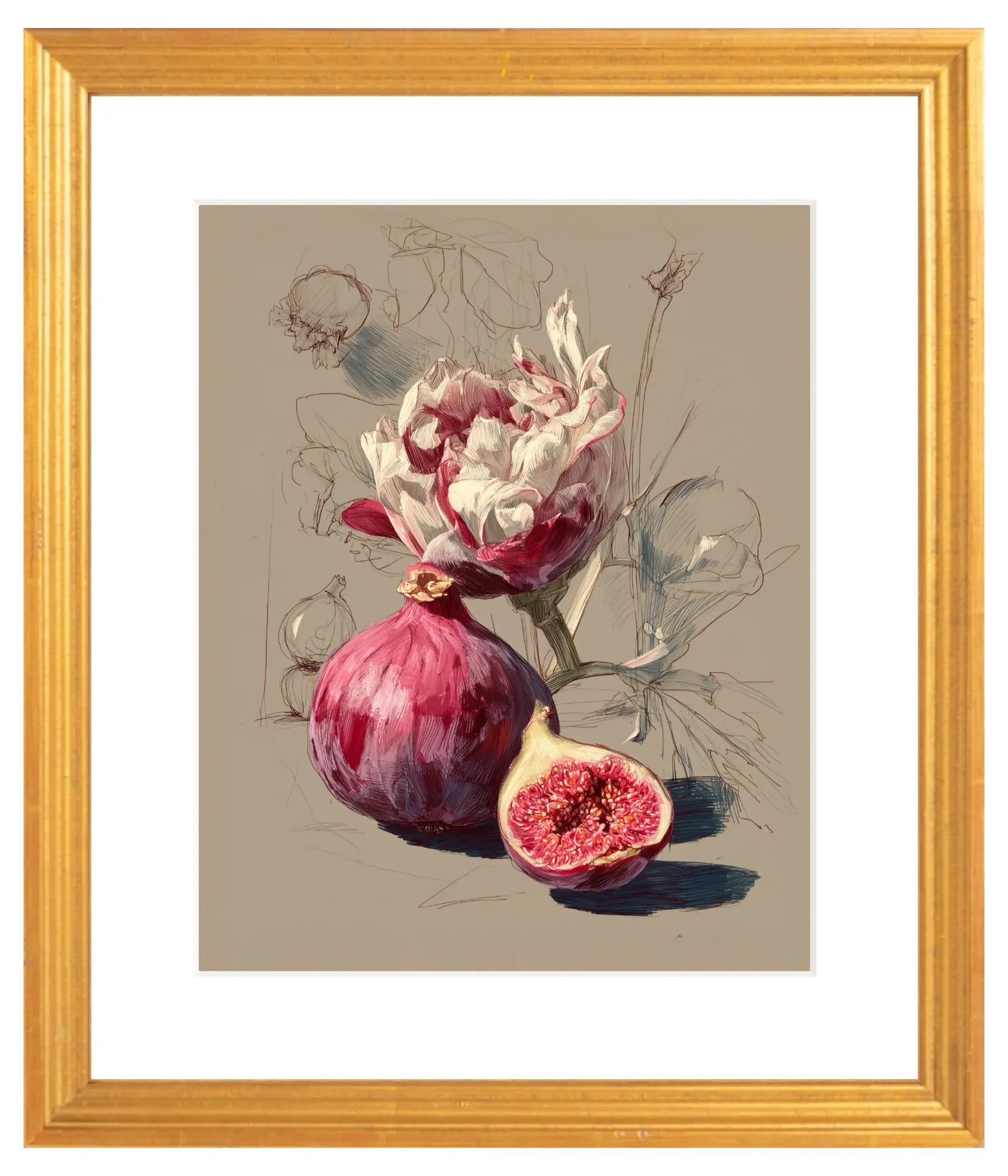 Framed artwork of a fig and flower with botanical sketches on a beige background