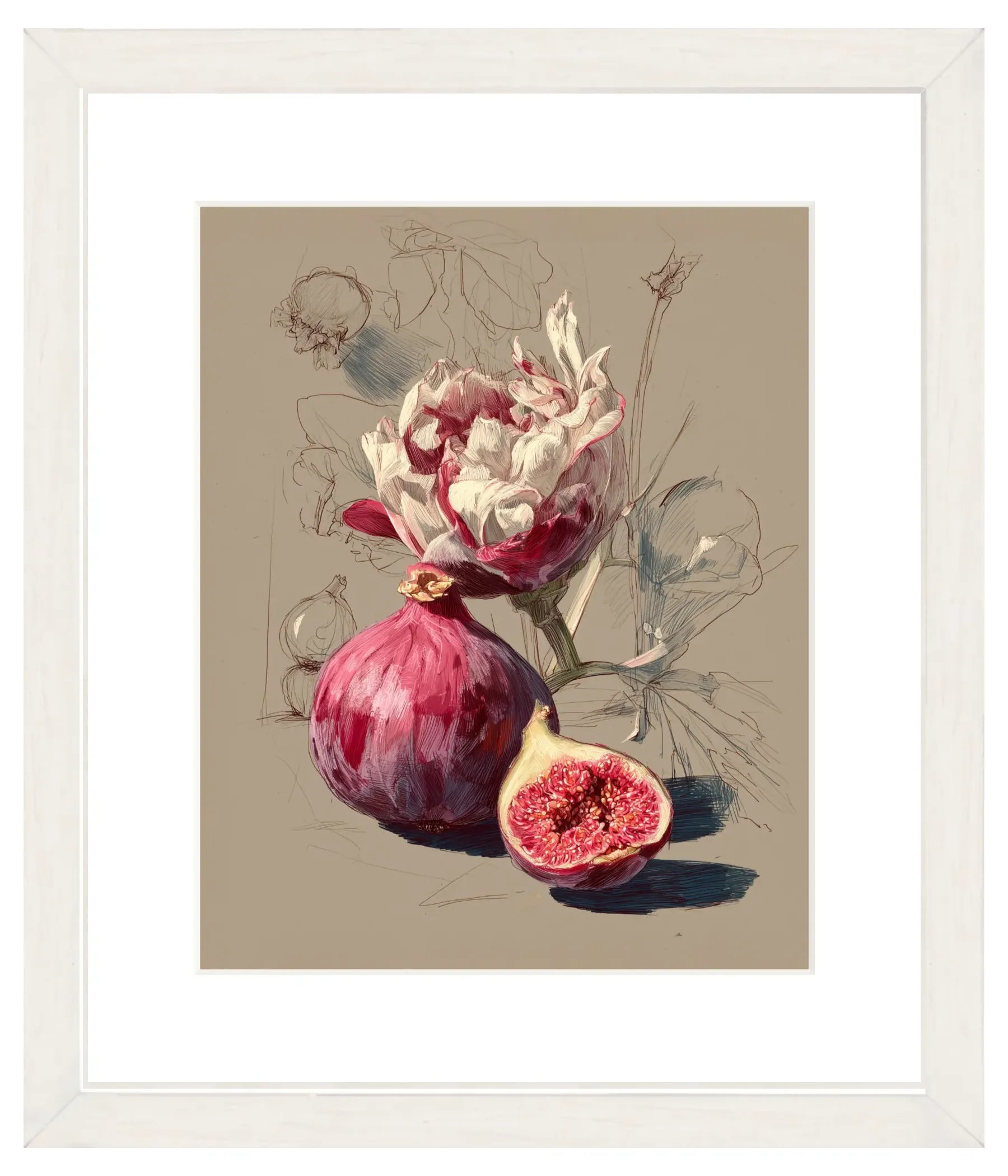 Framed artwork of a fig with flowers on a beige background