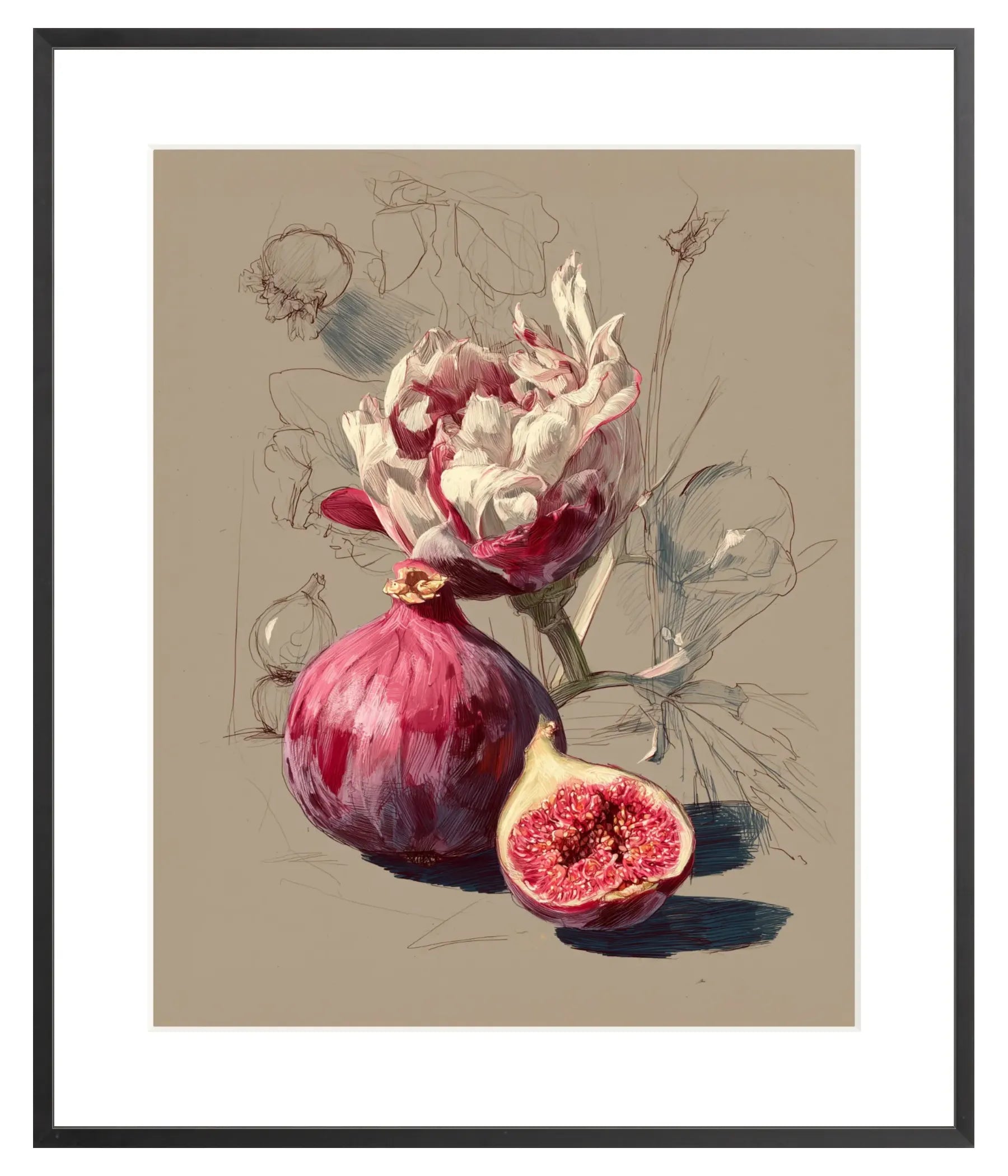 Framed artwork of a fig and protea flower on a beige background