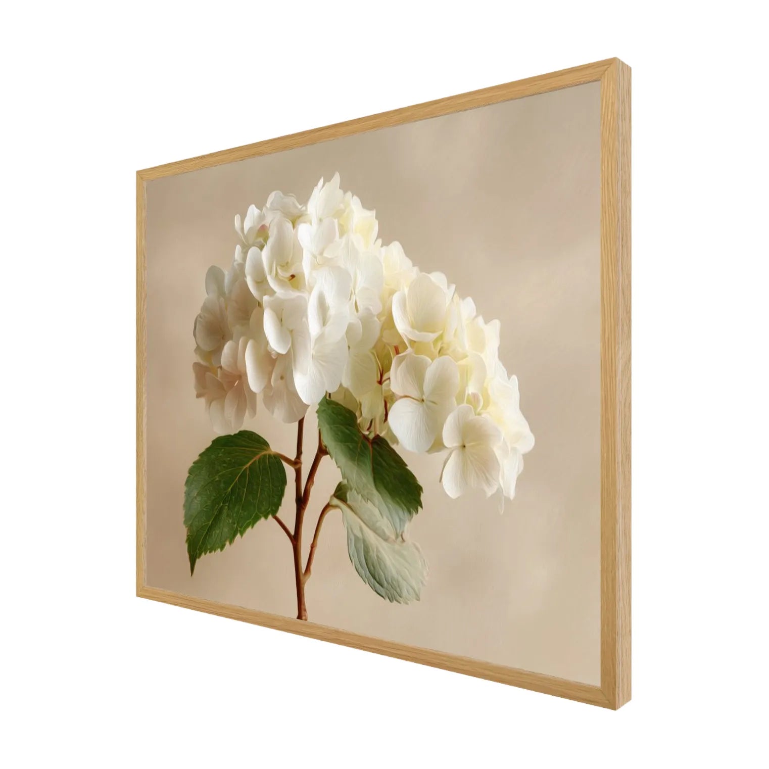 Framed artwork of white flowers with green leaves on a light background