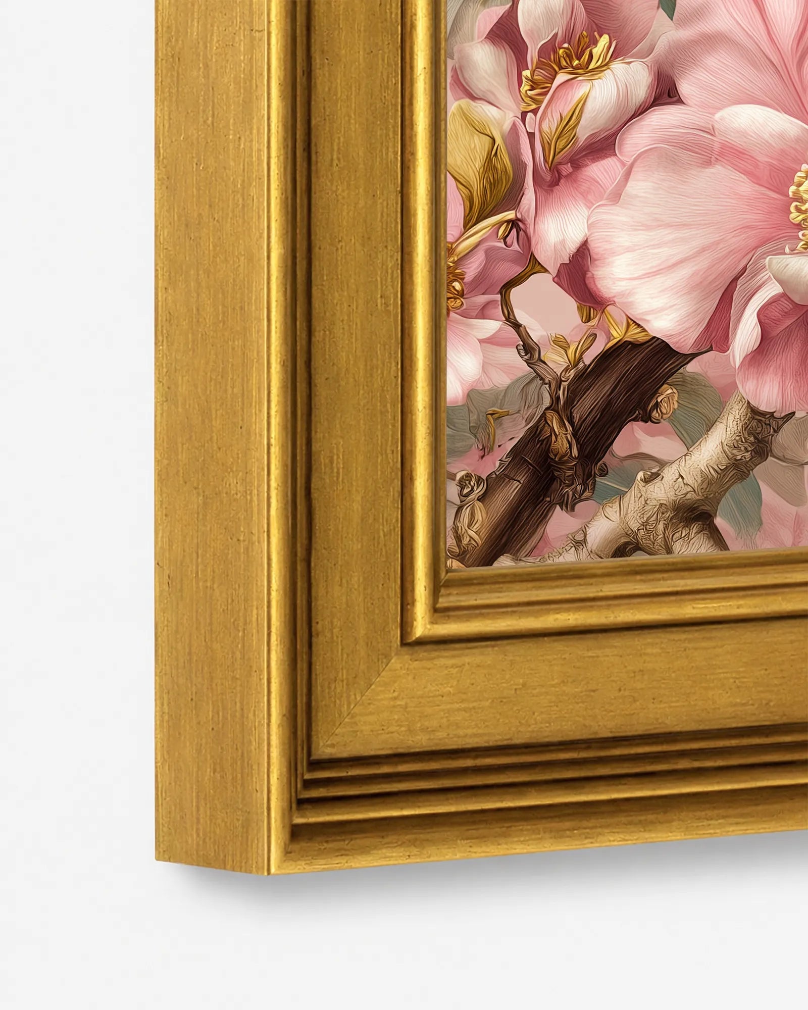Close-up detail of the burnished antique gold wood frame used for Songbird in Blush Blossoms framed wall art, showing the profile, finish, and craftsmanship.
