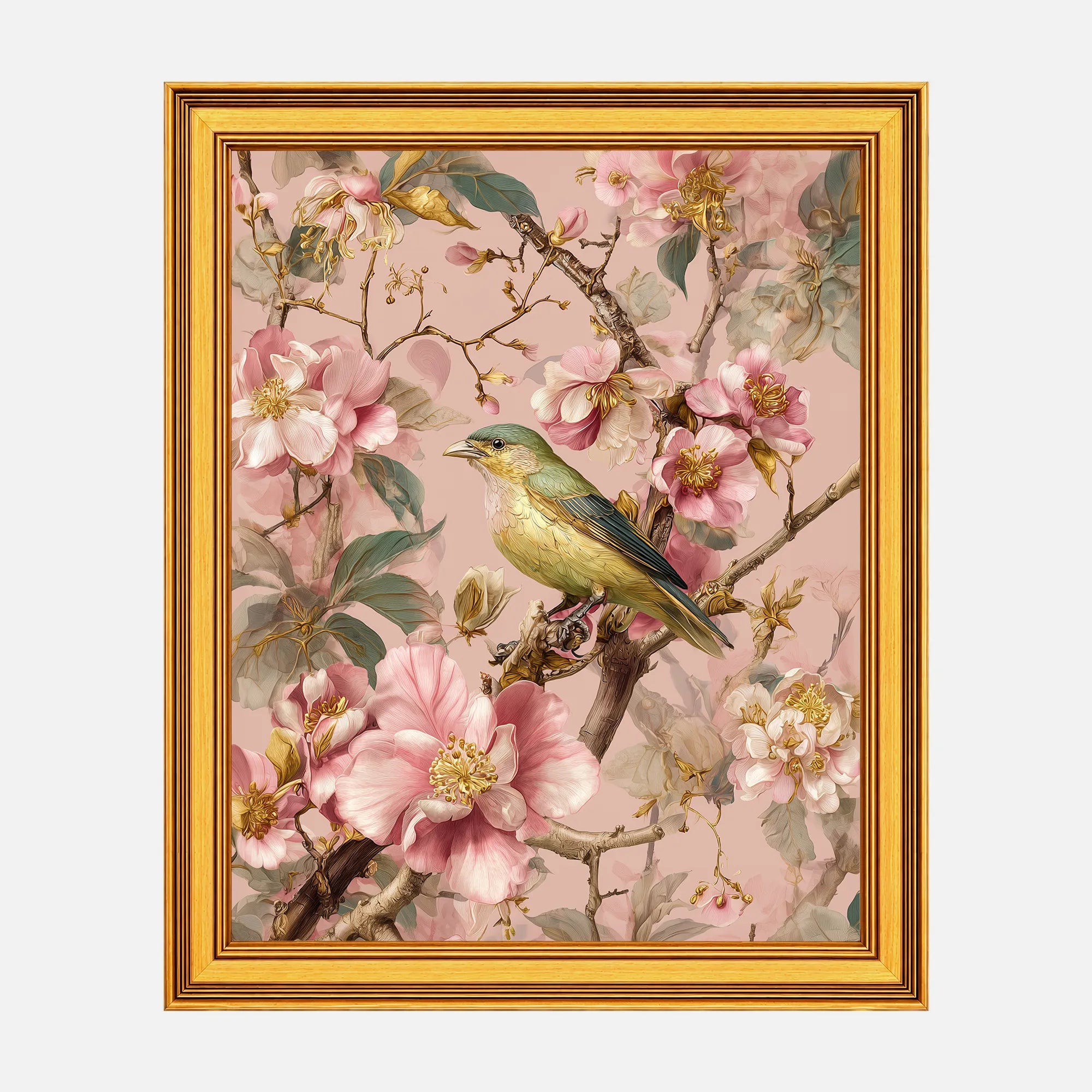 Songbird in Blush Blossoms framed fine art print in a burnished antique gold frame, 20 x 25 inch print size with 23.5 x 28.5 inch framed dimensions.