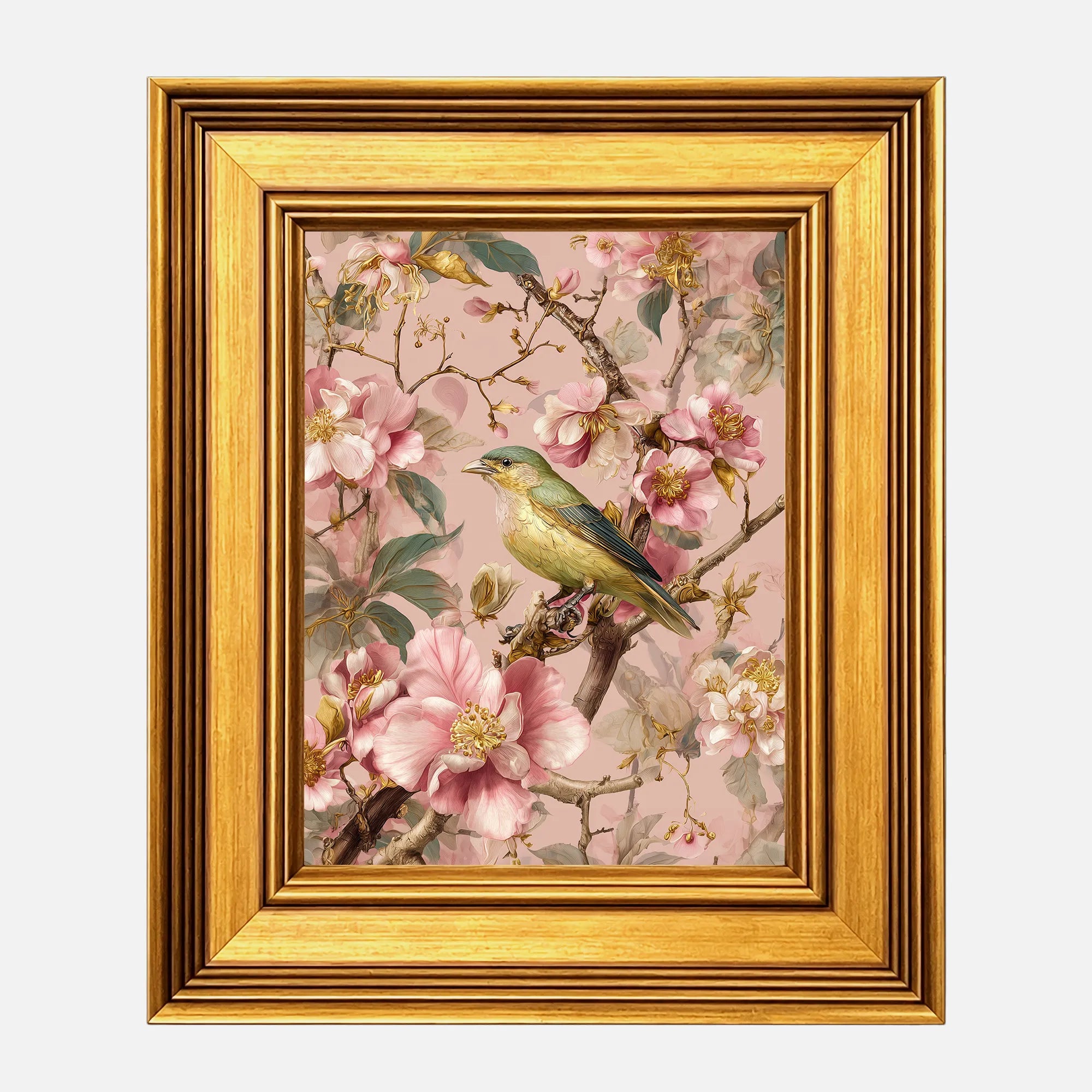 Songbird in Blush Blossoms framed wall art in a burnished antique gold frame, 8 x 10 inch print size with 11.5 x 13.5 inch framed dimensions.