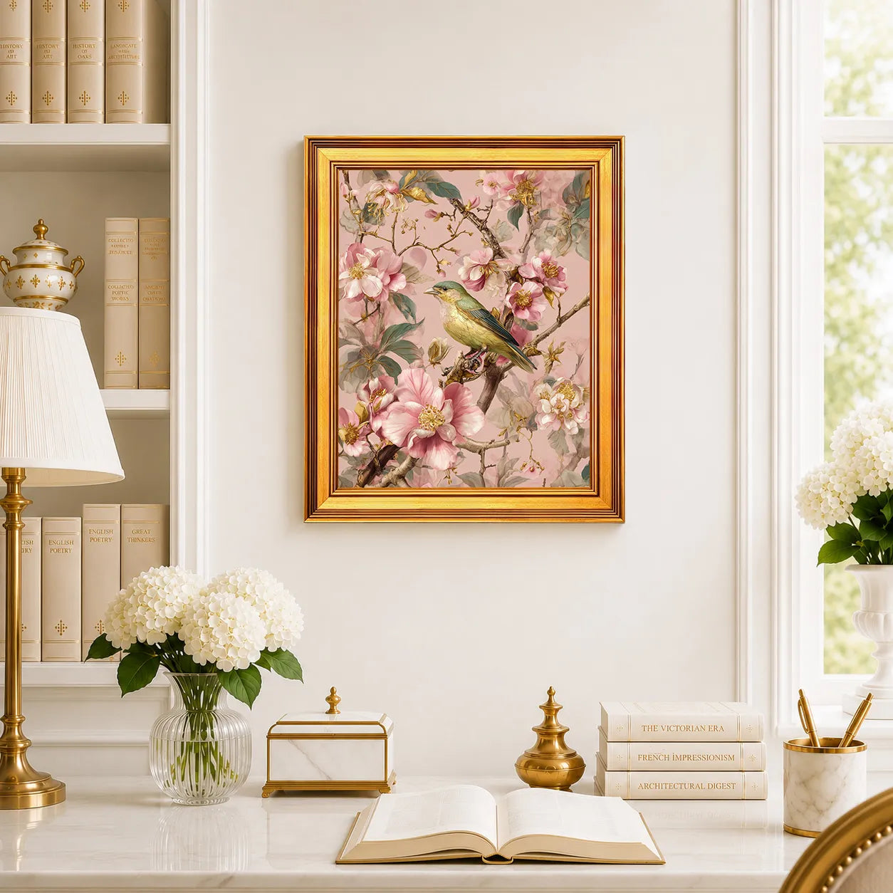 Songbird in Blush Blossoms framed wall art displayed above a traditional desk with blossoms, books, brass decor, and a burnished antique gold frame.