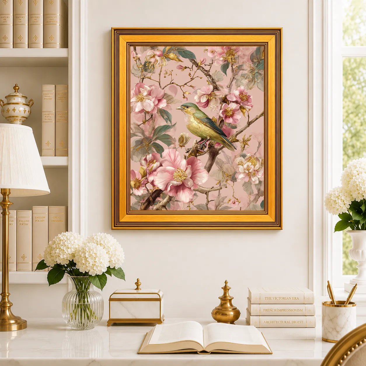 Large Songbird in Blush Blossoms framed wall art displayed in a traditional study with blossoms, antique books, brass accents, and a burnished antique gold frame.