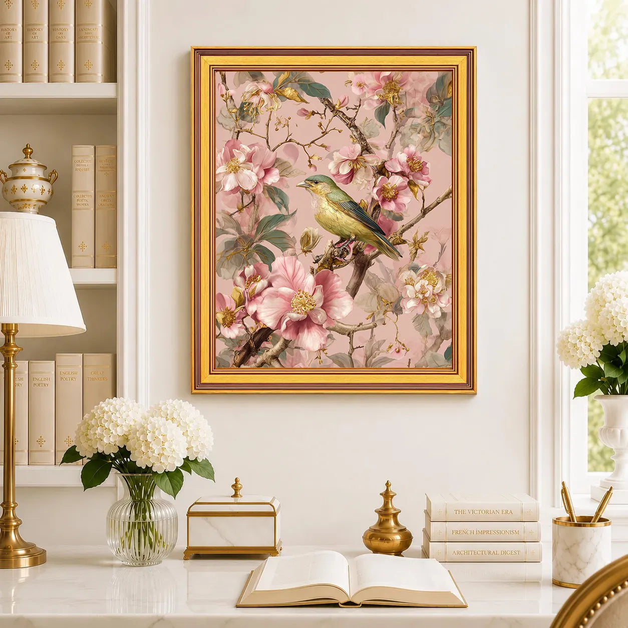 Large Songbird in Blush Blossoms framed wall art displayed in a traditional study with blossoms, antique books, brass accents, and a burnished antique gold frame.