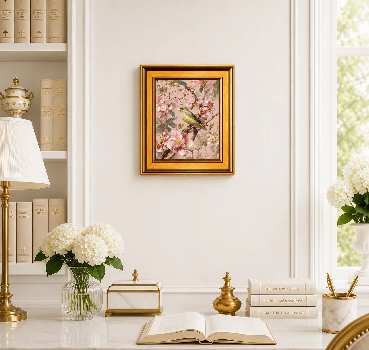 Small Songbird in Blush Blossoms framed wall art displayed in an elegant traditional study with antique books, blossoms, brass accents, and a burnished antique gold frame.