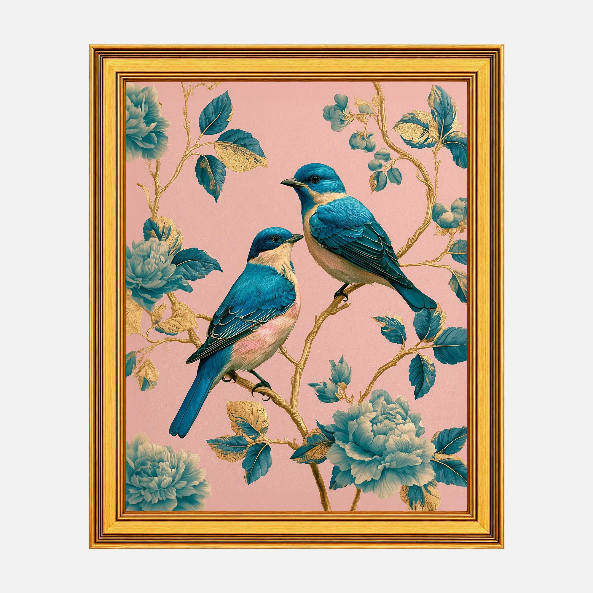 Turquoise Songbirds in Rose Chintz framed fine art print in a burnished antique gold frame, 20 x 25 inch print size with 23.5 x 28.5 inch framed dimensions.