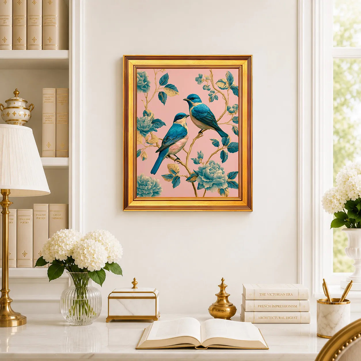 Turquoise Songbirds in Rose Chintz framed wall art displayed above a traditional desk with peonies, books, brass decor, and a burnished antique gold frame.