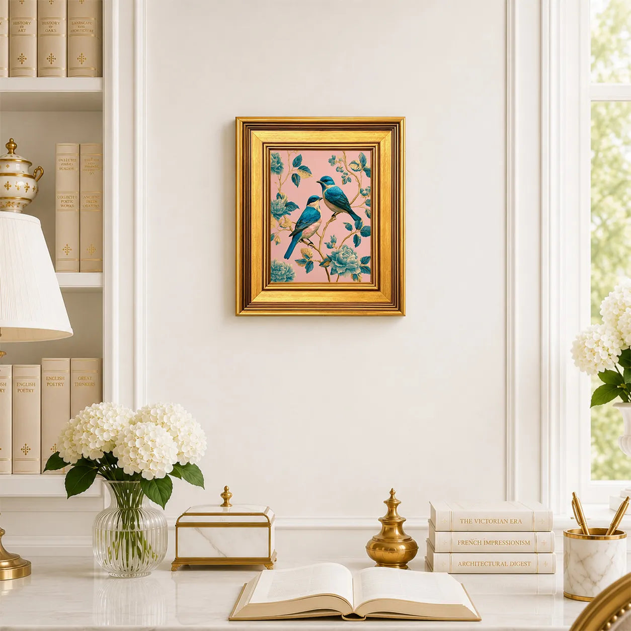 Small Turquoise Songbirds in Rose Chintz framed wall art displayed in an elegant traditional study with antique books, peonies, brass accents, and a burnished antique gold frame.