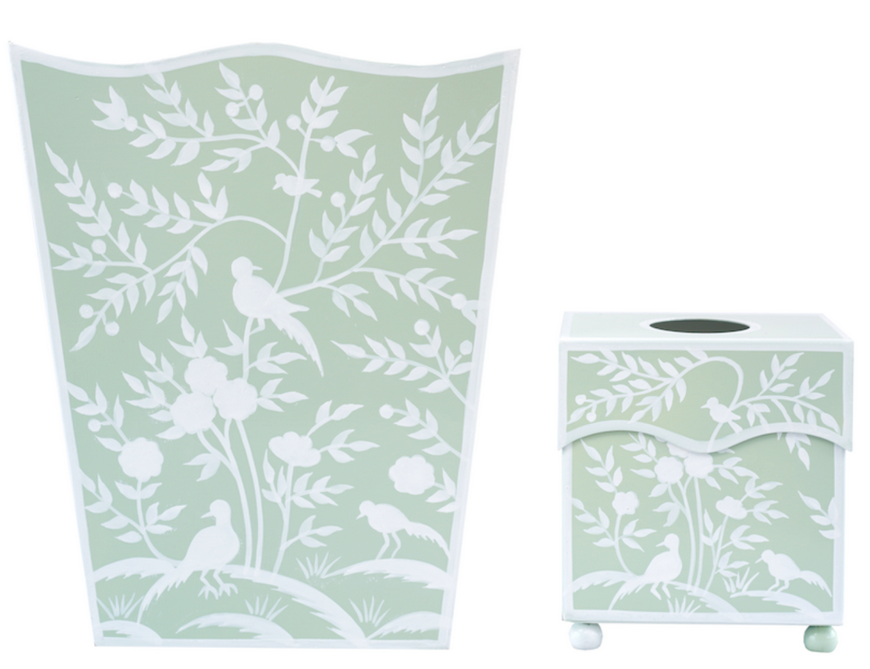 Decorative trash can and tissue box cover with bird and leaf pattern on a light green background