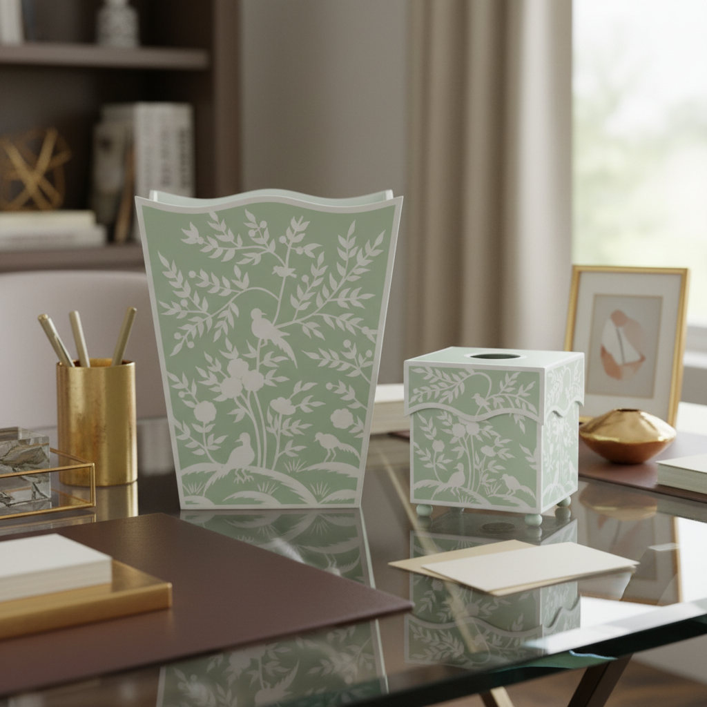 Decorative green and white floral bird patterned wastepaper basket and tissue holder in an elegant home office.