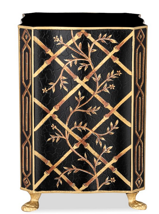 Decorative trash can with black and gold lattice design on a white background